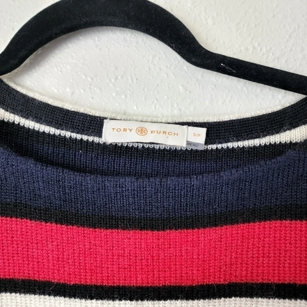 Tory Burch Baby Alpaca Knit Austrie Striped Navy Red Pullover Sweater Preppy S